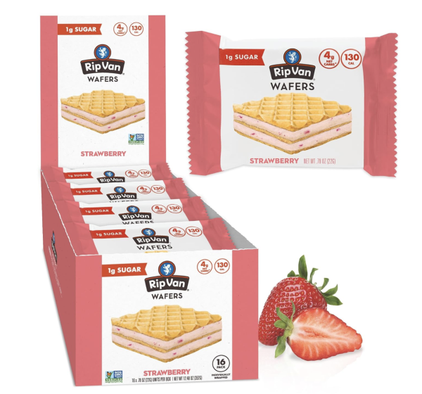 Rip Van Strawberry Keto Wafer Cookies - Healthy Vegan Snacks - Non GMO, Low Sugar (1g), Low Calorie - 16 Count